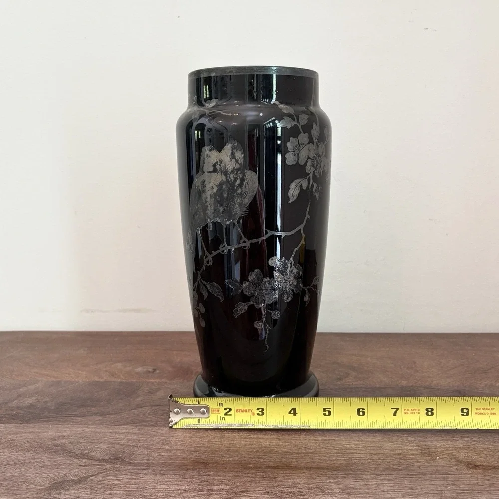 Vintage Czech Black Glass Etched Vase Birds Floral Art Deco Style Slovakia 10" - Picture 8 of 12